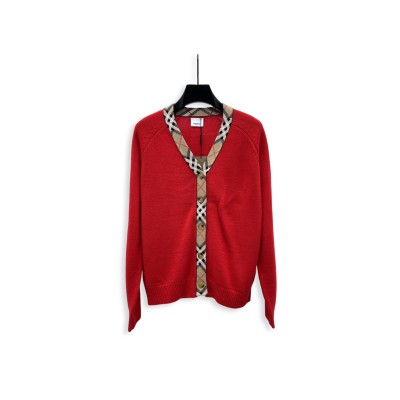 BURBERRY CHECKERED TRIM WOOL CARDIGAN 